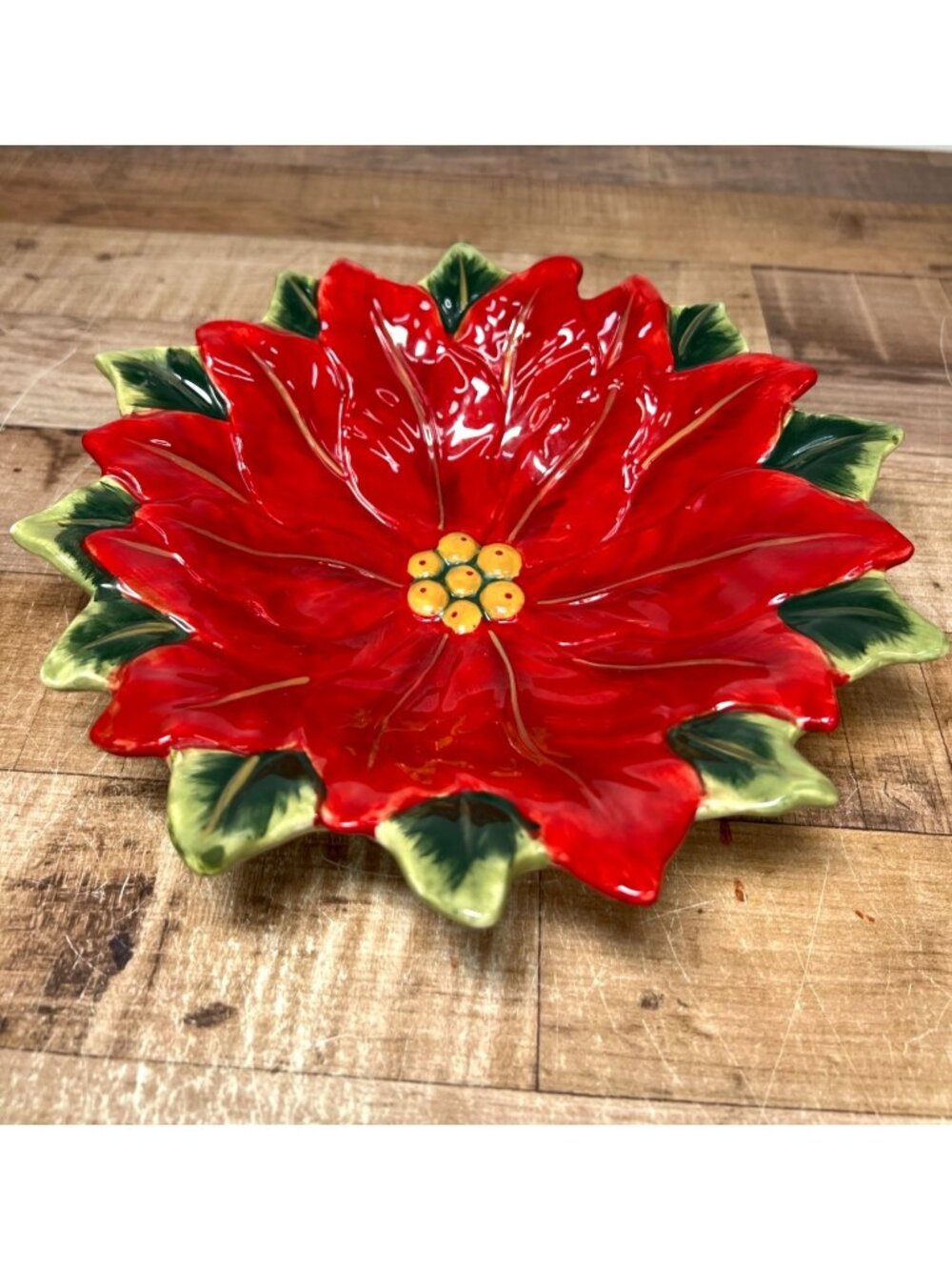 Poinsettia-Shaped Ceramic Serving Bowl Red & Green Holiday Decor Accent Piece